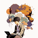 iliekcomputers_a_young_man_sitting_with_a_laptop_multiple_thoug_81cdeb34-6731-4e31-bb97-fe8c5b3730d6.png